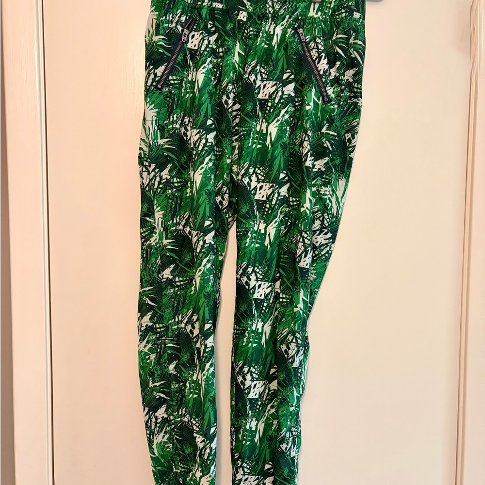 Athleta Green White Tropical Print Track Pants
